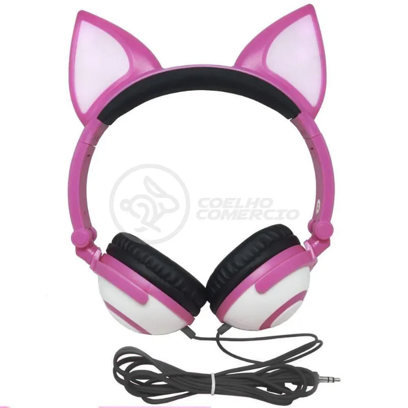 Fone De Ouvido Gatinho Fio Com Led Dobrável Microfone Rosa