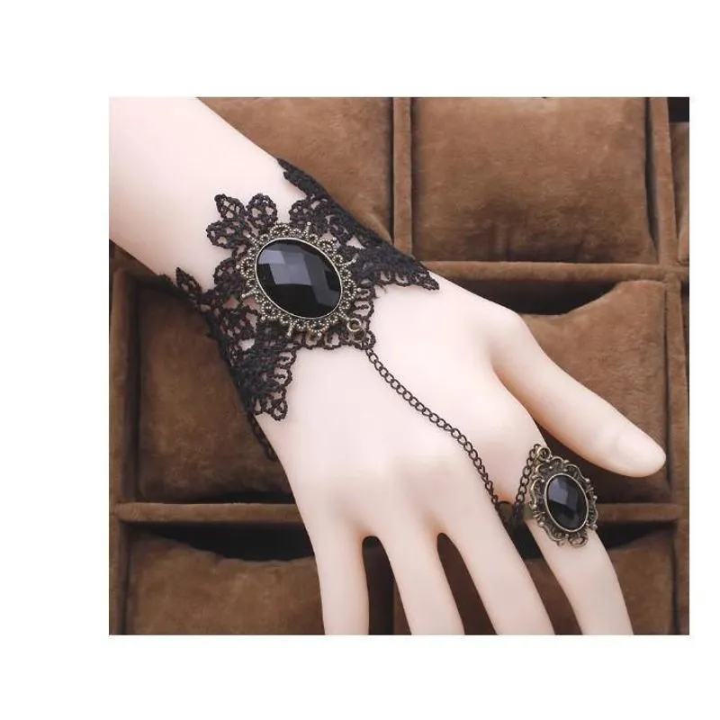 Pulseira Preta Tecido Anel Punk Pedra Preta