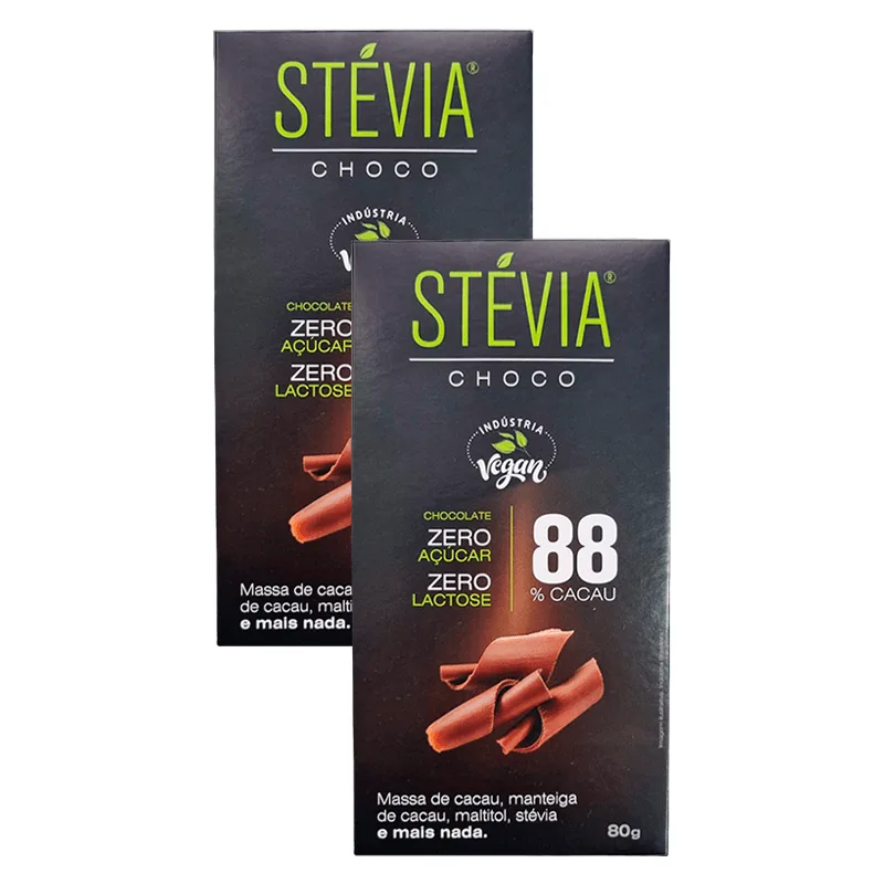 Kit 2x: Chocolate 88% Cacau Sem Lactose Vegano Steviachoco 80g