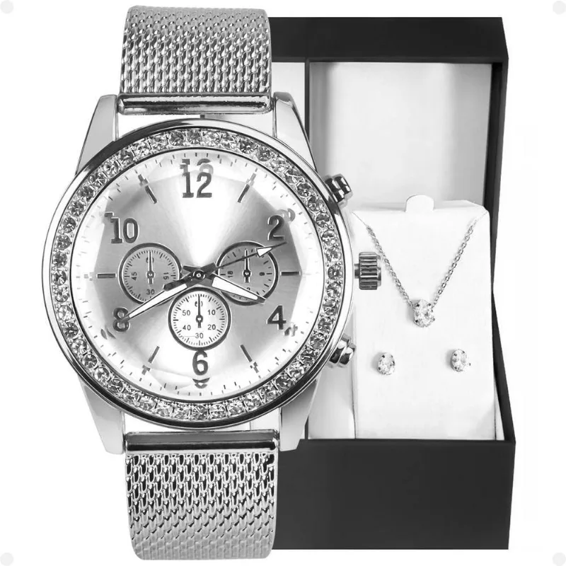 Relogio Feminino Aço Prata Strass + Brincos + Colar + Caixa Presente Delicado Prova Dagua Redondo