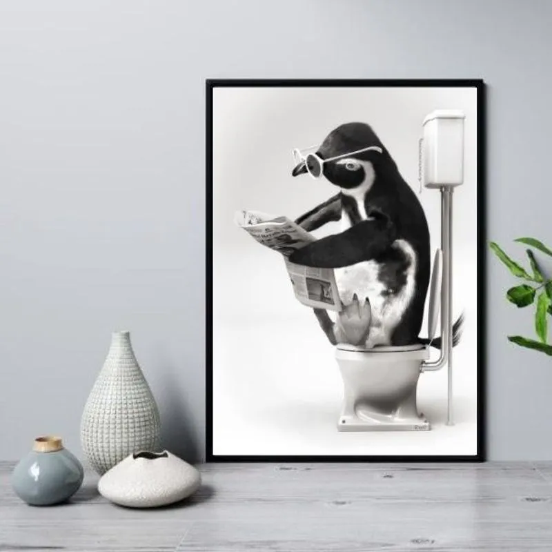 Quadro Para Banheiro Pinguim No Vaso 33X24Cm