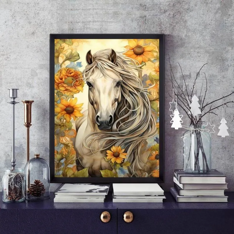 Quadro Cavalo Com Girassóis 45X34Cm - Com Vidro