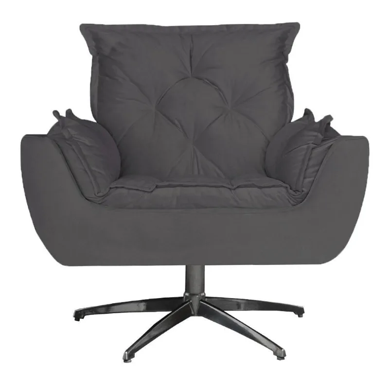 Poltrona Opala Decorativa Base Giratória Suede Cinza