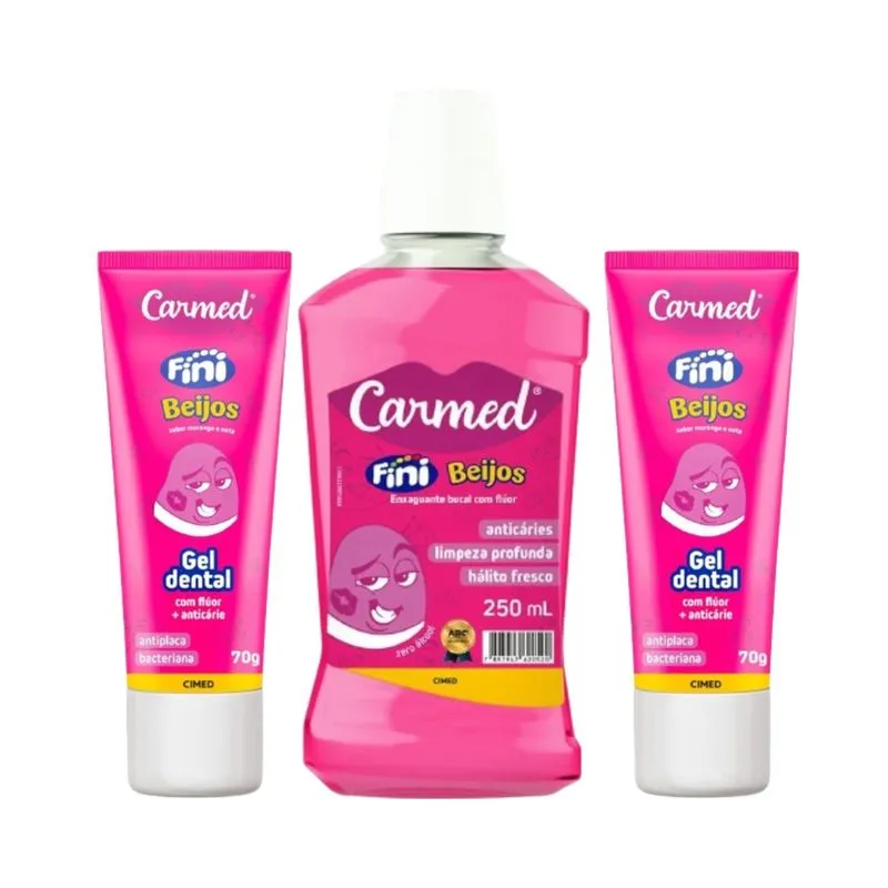 Kit com 2 Gel Dental + 1 Enxaguante Carmed Fini Beijos