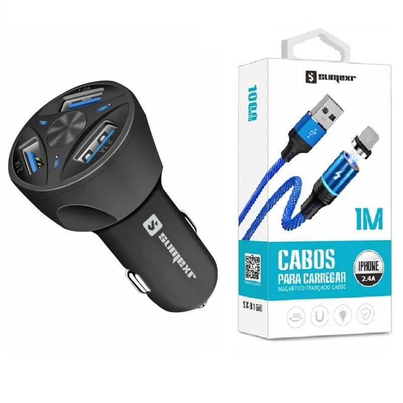 Carregador Veicular + Cabo Magnético 3 Usb Original Sumexr para Celular Iphone I6, i6 Plus 7, X,10