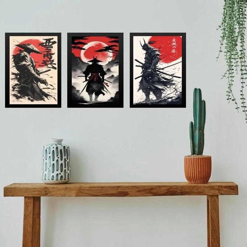 Kit 3 Quadros Gravuras Artes Samurais 45X34Cm - Com Vidro