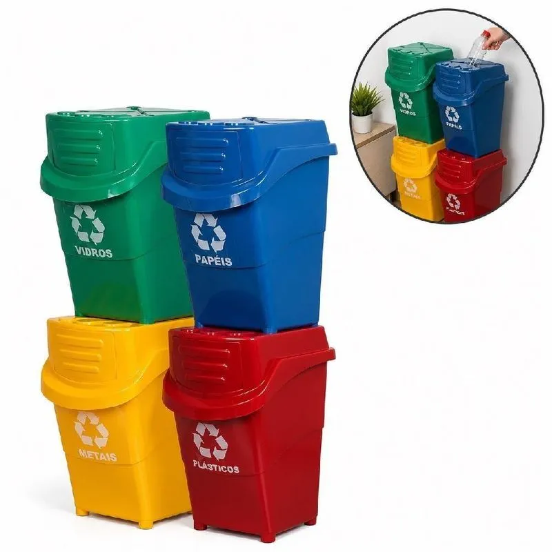 Kit Lixeira Coleta Seletiva 38l Plástico Basculante Vai E Vem Azul Verde Amarela Vermelha Yeet