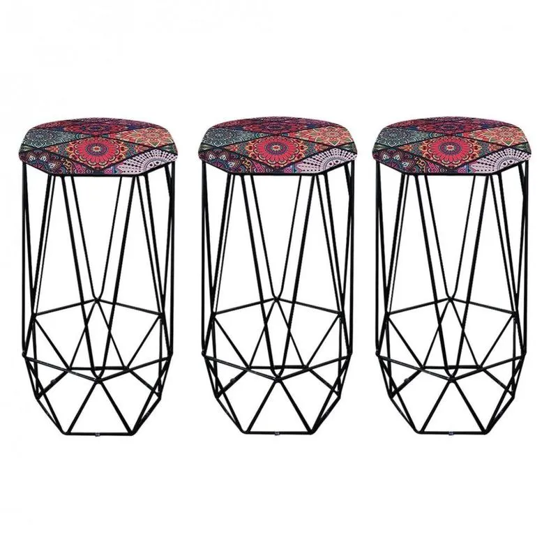 Kit 03 Banqueta Aramado Preto Mandala Colorido