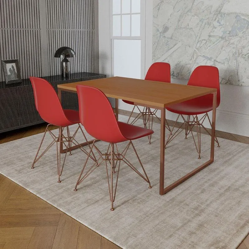 Mesa Industrial Base Ferro Cobre Tampo 137x90 Canela 4 Cadeiras Ferro Cobre Assento Vermelho Marrom