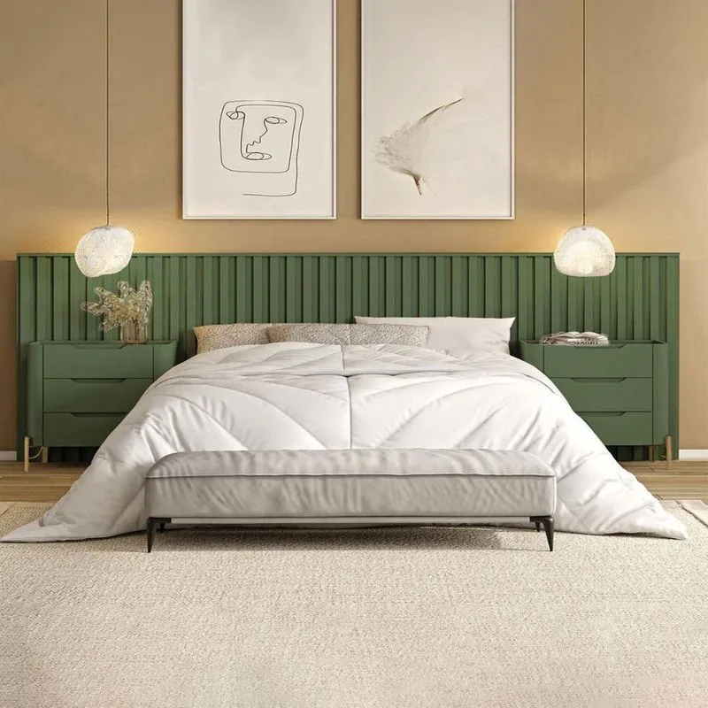 Conjunto Cabeceira Bend Super King Fixação Na Parede MDF Musgo Com Dourado Casa Lar Shop