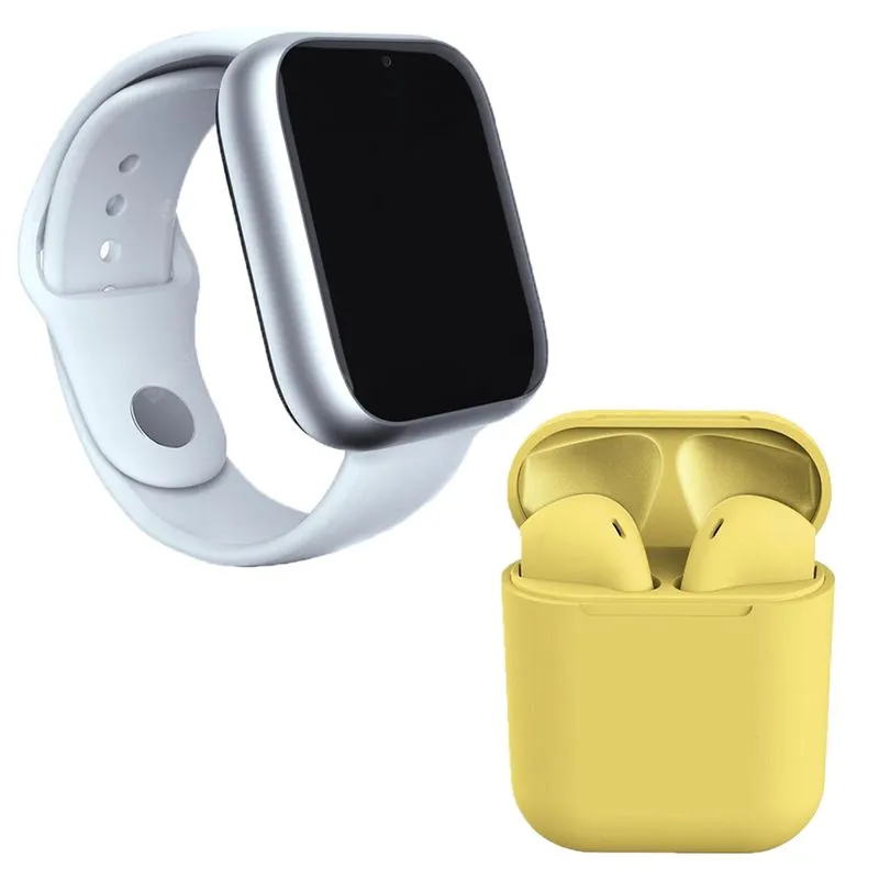 Kit 1 Relógio SmartWatch A1 Pro Plus Branco + 1 Fone Bluetooth inPods 12 Amarelo