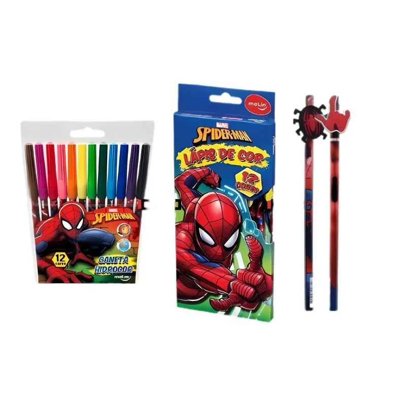 Kit Molin Spider-man: 2 Lápis Hb + 12 Canetinhas + 12 Cores