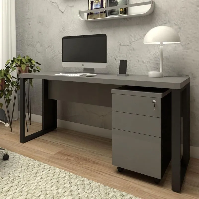 Mesa Escrivaninha Industrial Gaveteiro Clean 3 Gavetas MDP 150cm Cinza Sagrado Com Preto