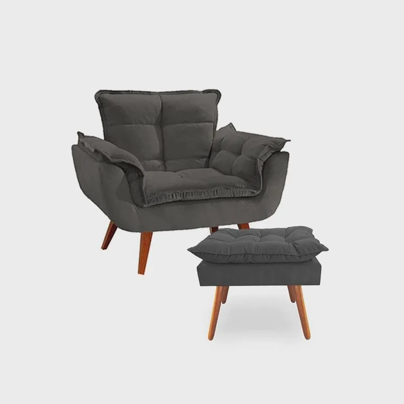 Conjunto 1 Poltrona com 1 Puff Opala Luxo com Pés Estilo Retrô - Cinza