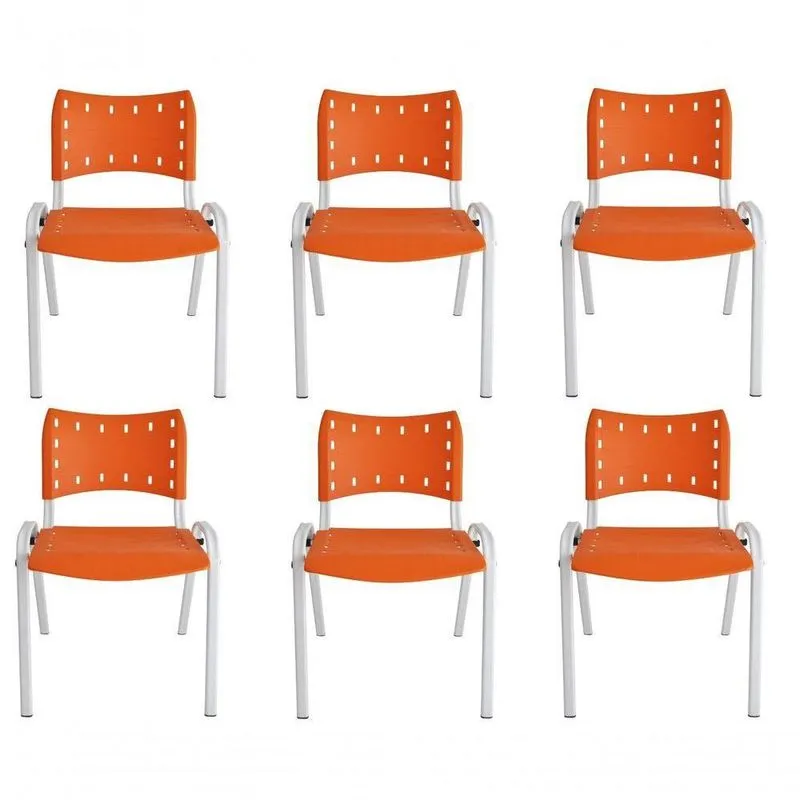 Kit 6 Cadeiras Iso Para Escola Escritório Comércio Laranja Base Branca