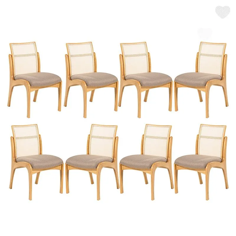 Kit 8 Cadeiras de Madeira Estofada para Mesa de Jantar Lisboa Linho Marrom com Encosto Rattan L87 rmi