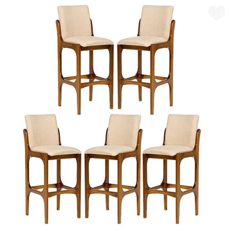 Kit 5 Banquetas Alta para Balcão Lisboa Madeira Imbuia Linho Bege M58 rmi