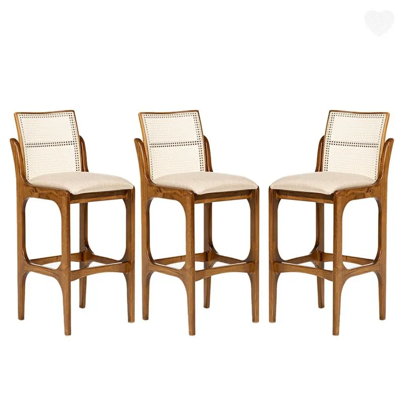 Kit 3 Banquetas Alta com Encosto Rattan Lisboa Madeira Imbuia Linho Bege M58 rmi