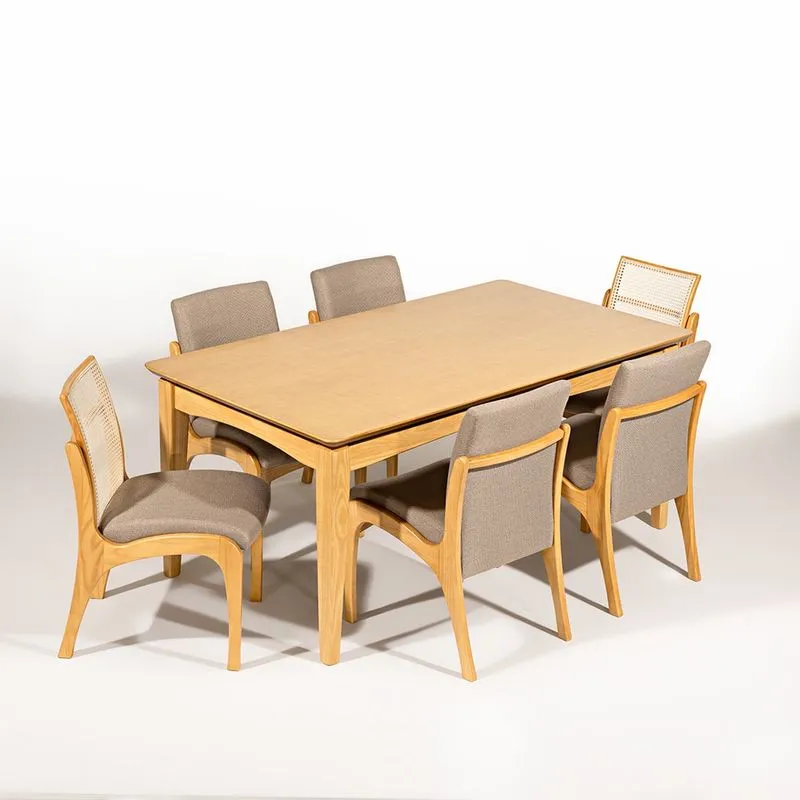 Kit Mesa de Jantar Retangular Lisboa com 6 Cadeiras Rattan Madeira Mel Linho Marrom L87 rmi