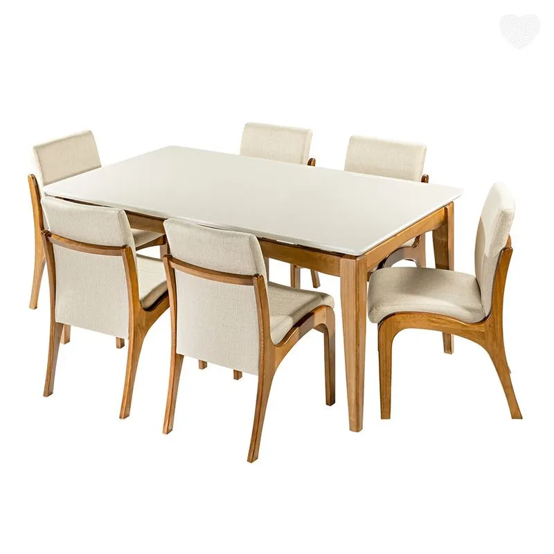 Kit Mesa de Jantar Retangular Lisboa com 6 Cadeiras Madeira Imbuia Linho Bege M58 rmi