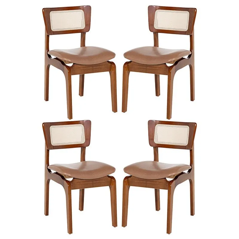 Kit 4 Cadeiras de Jantar Portugal em Madeira Imbuia Tela Rattan Impermeável Caramelo L85