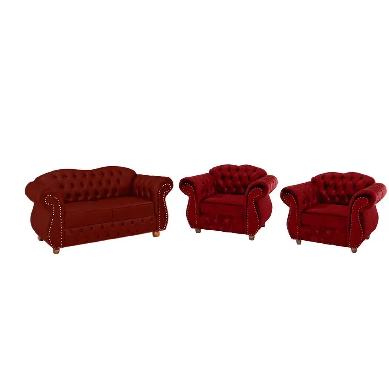 Um Sofá Chesterfield Merlo 2 lugares 2,30 + Duas Poltronas - Suede Bordô / decoração, recepção, sala tv estar
