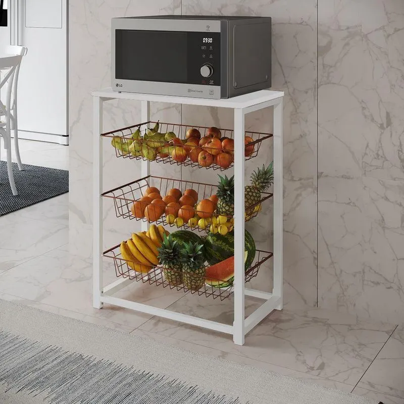 Fruteira Com Suporte Para Micro-Ondas Barcelona Aço Branco Cesto Cobre Tampo Branco - Cor: Marrom