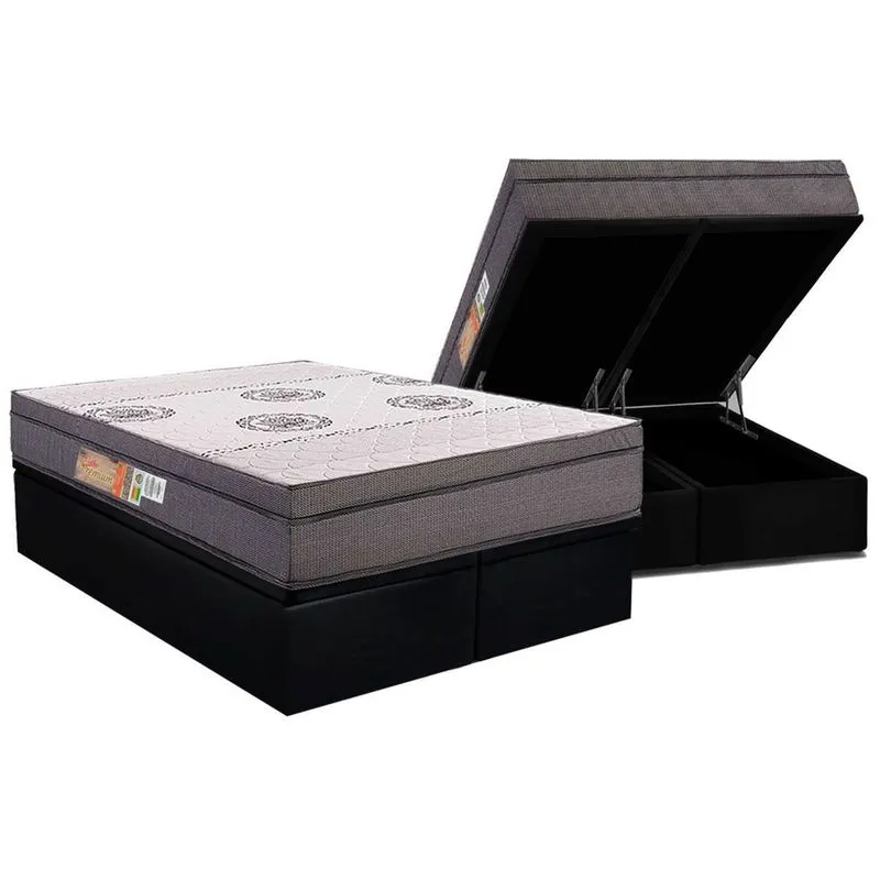 Cama Box Baú Queen: Colchão Ortopédico Polar D28 OrthoPremium Grey + Base crc Suede Black (158x198)