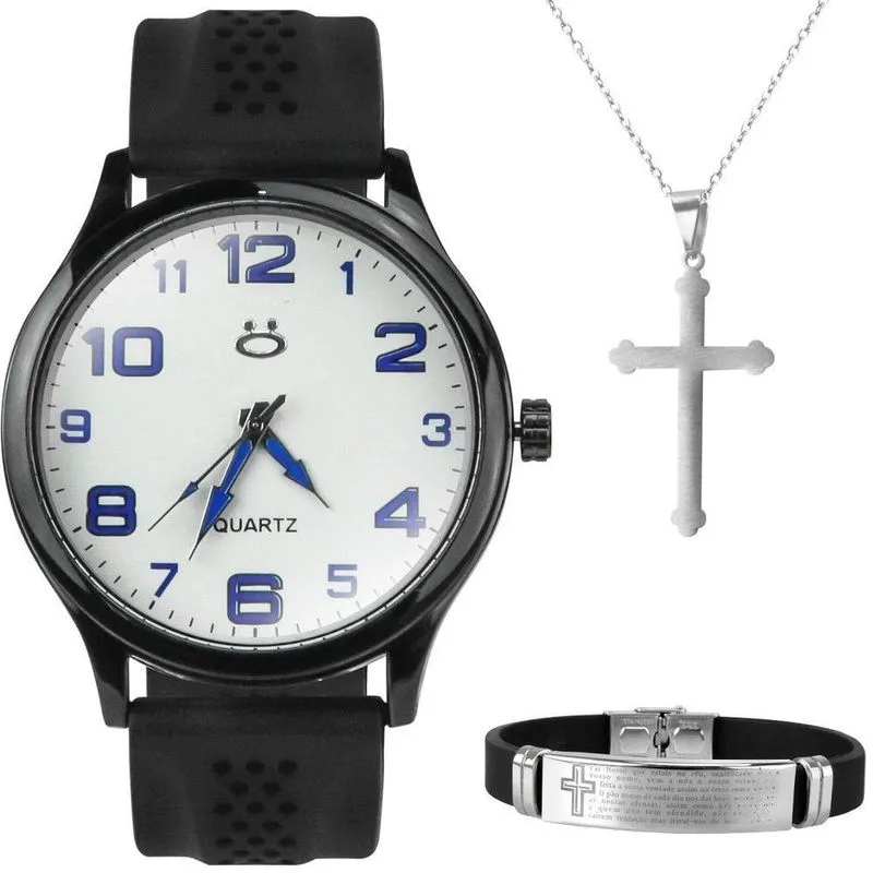 Relogio Masculino Aço Preto + Colar Crucifixo + Pulseira Presente Inoxidável Branco Original Social