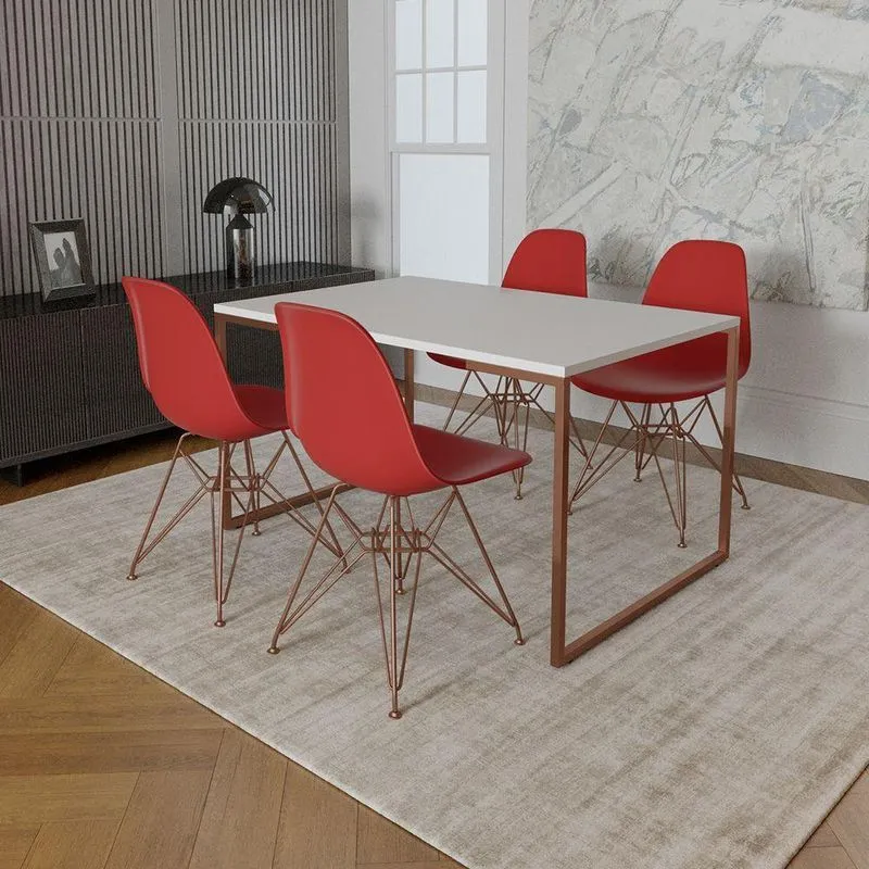 Mesa Industrial Base Ferro Cobre Tampo 137x90 Branco 4 Cadeiras Ferro Cobre Assento Vermelho Branco