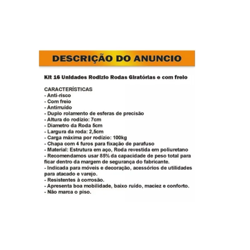 4 Rodízio 50mm Em pvc Rodinha Laranja fixo