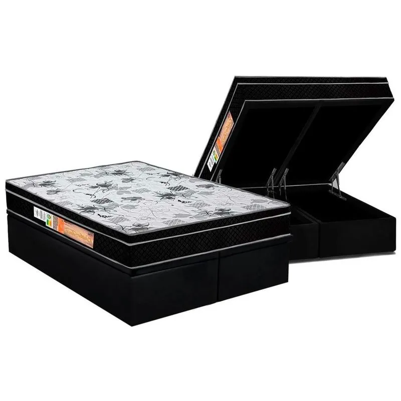 Cama Box Baú Queen: Colchão Anatômico Polar D28 / ep Orthoface Firme + Base crc Suede Black(158x198)