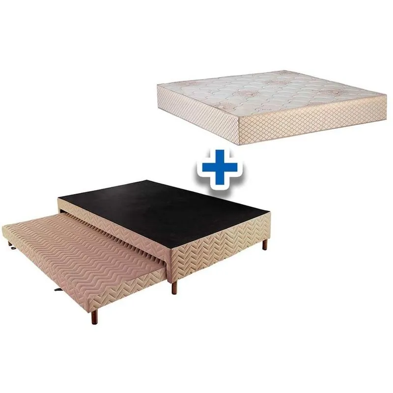 Cama Box c/ Auxiliar Casal: Colchão Polar Ensacada Safira Clean + Base CRC Rústico Bege (138x188)