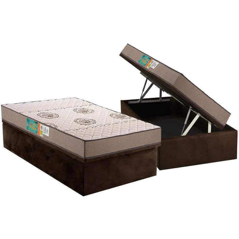 Conjunto Box Baú Solteiro: Colchão Espuma Polar D33 Pérola Clean + Base crc Suede Brown(88x188)