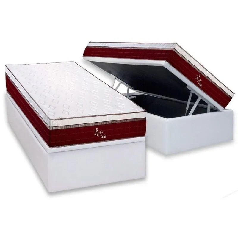 Conjunto Box Baú Solteiro: Colchão Molas Ensacadas Rubi + Base Crc Courano White (88x188)