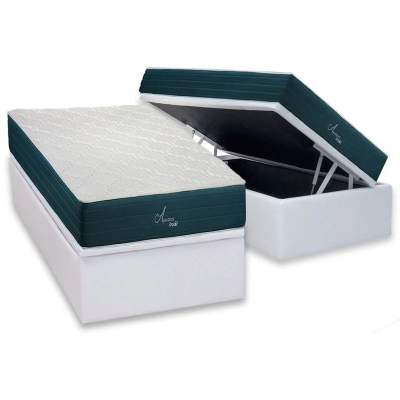 Conjunto Box Baú Solteiro: Colchão Molas Polar Ensacadas MasterPocket Aquariuns + Base crc Courano White(88x188)