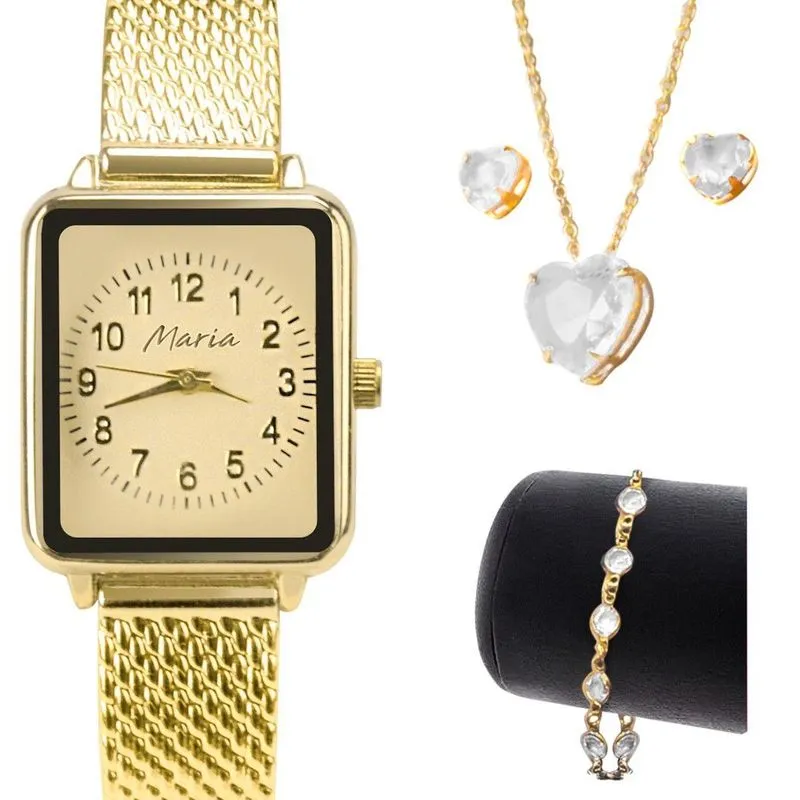 Relogio Feminino Banhado + Colar Brincos + Pulseira
