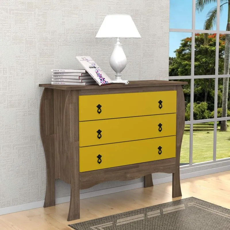 Cômoda Rústica Retrô 3 Gavetas em Madeira Maciça Móveis Meneghetti Envelhecido/Amarelo