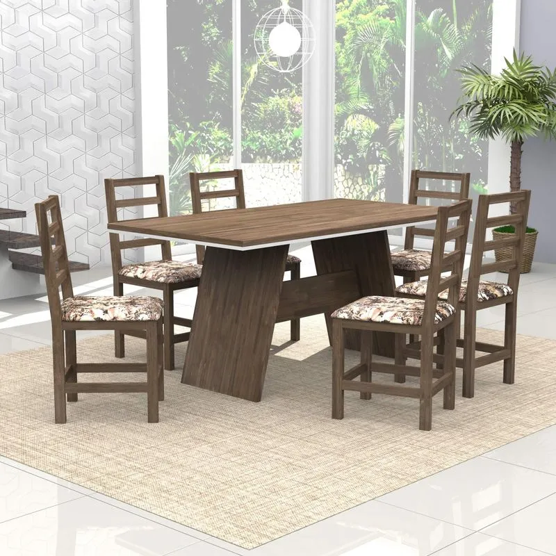 Conjunto Sala de Jantar Mesa e 6 Cadeiras Grécia Rústico Móveis Meneghetti Envelhecido/Branco/Primavera