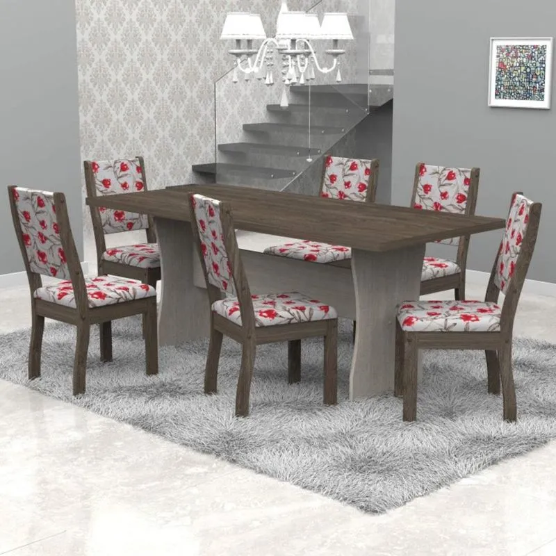 Conjunto Sala de Jantar Mesa Tampo em MDF e 6 Cadeiras Paris Móveis Meneghetti Teka/Wengue/A50