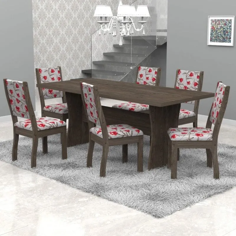 Conjunto Sala de Jantar Mesa Tampo em MDF e 6 Cadeiras Paris Móveis Meneghetti Wengue/Wengue/A50