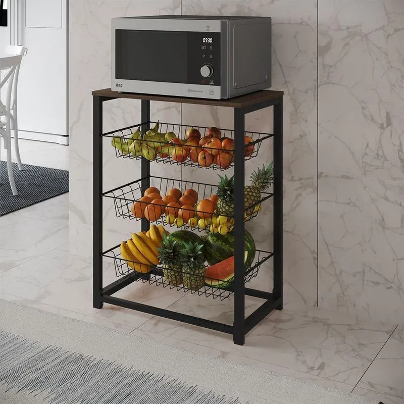 Fruteira Com Suporte Para Micro-Ondas Barcelona Aço Preto Cesto Preto Tampo Amêndoa - Cor: Preto