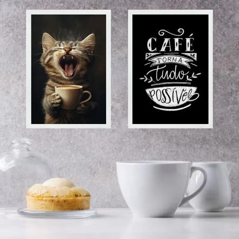 Kit 2 Quadros Café Torna Tudo Possível - Gatinho 24X18Cm