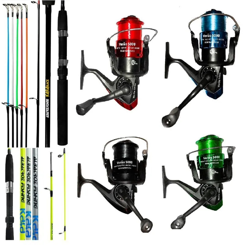 Kit Pesca 4 Molinete Verão 5000 3 Rolam + 4 Vara Kara 1,65 M