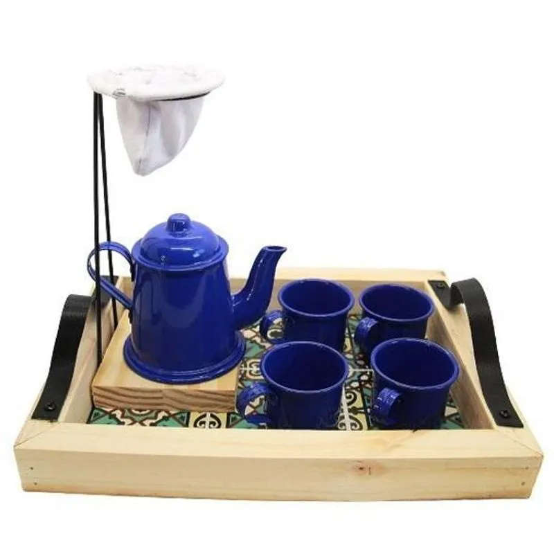 Xícara De Café Goumert, Kit Com Suporte Bandeja Azul Royal
