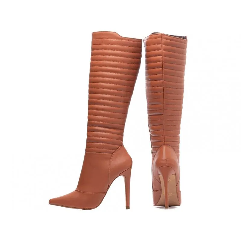 Bota Feminina Bico Fino Cano Alto Salto Fino 12cm Caramelo