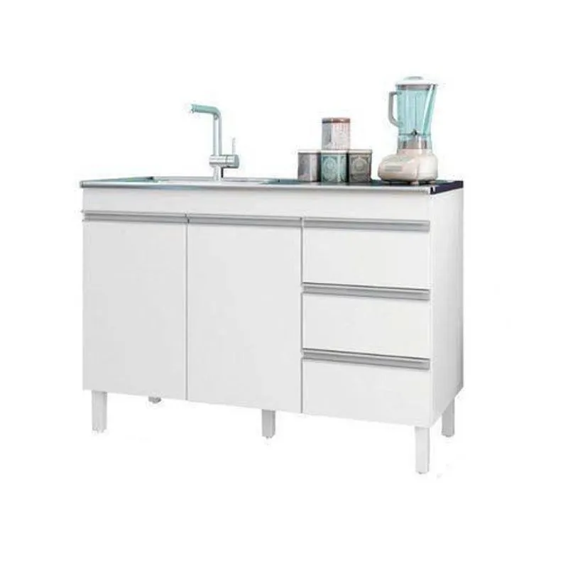 Balcão Para Pia 2 portas 3 Gavetas 119 cm sem tampo Branco - Peternella