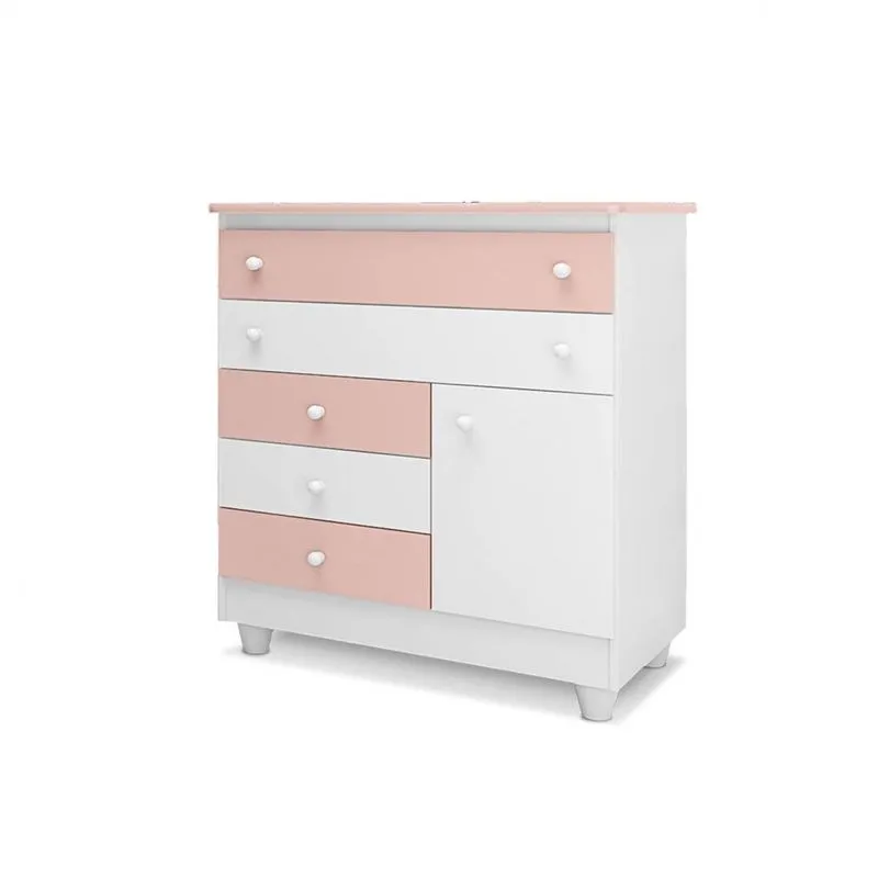Cômoda Infantil 5 Gavetas e 1 Porta Adhara Peternella Móveis Branco/Rose