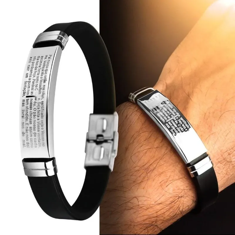 Pulseira Masculino Pingente Pai Nosso Aço Prata G5