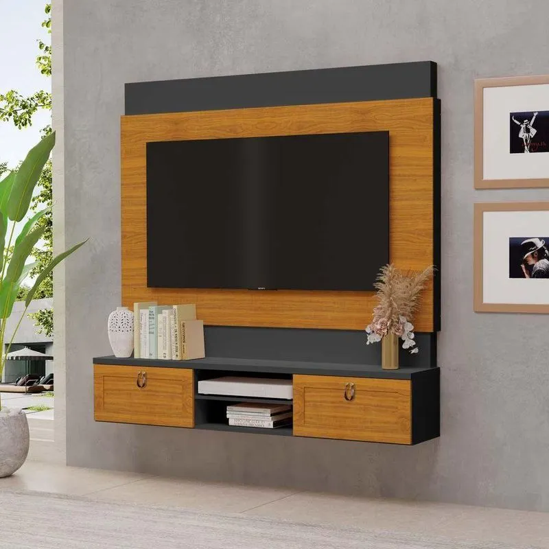 Painel Suspenso Com Nicho e Porta Para Tv Até 75 Em Mdf Freijó - Off White